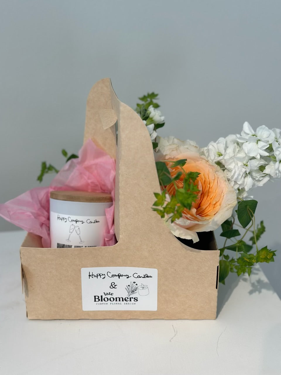 Flower & Candle Bundle with Late Bloomers Florals & Happy Company Candles