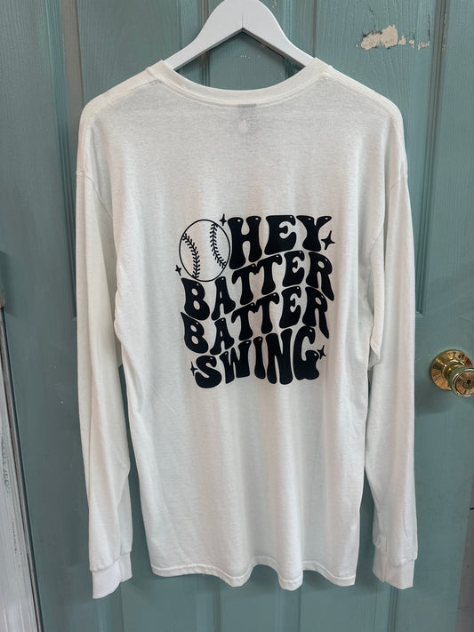 Hey Batter Batter Swing Long Sleeve Shirt—Size Large—White Gildan Brand