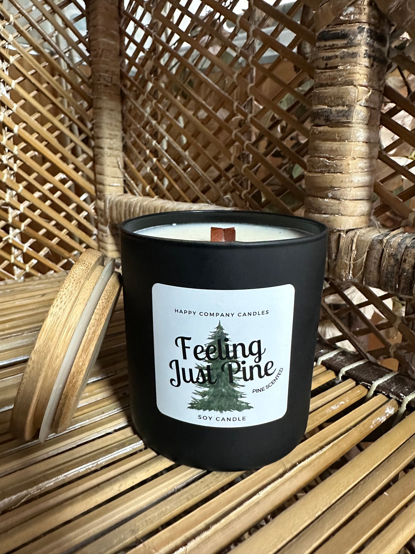 Black Ceramic Jar with Bamboo Lid (10 oz)—Feeling Just Pine Scent (Notes of Pine Trees)