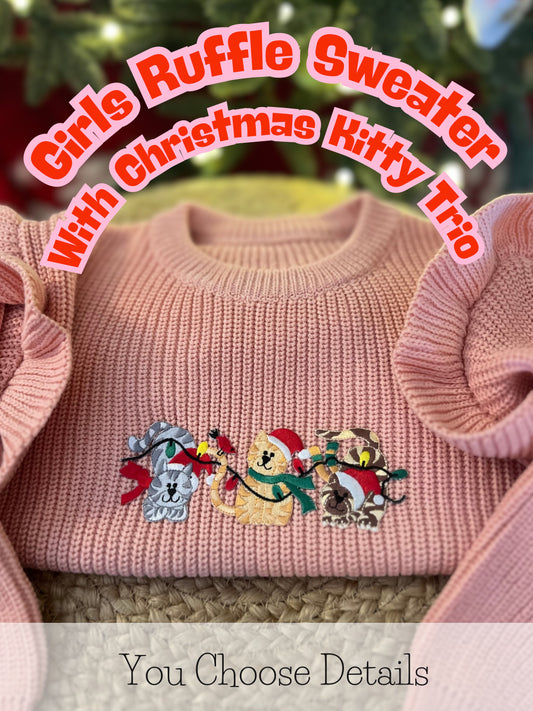 Girls Ruffle Sweater with Christmas Kitty Trio